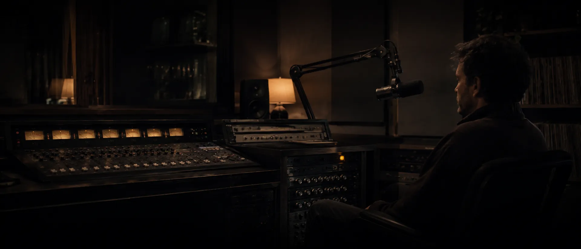 Night desk in Studio One at 02:14, meters lit, nobody speaking