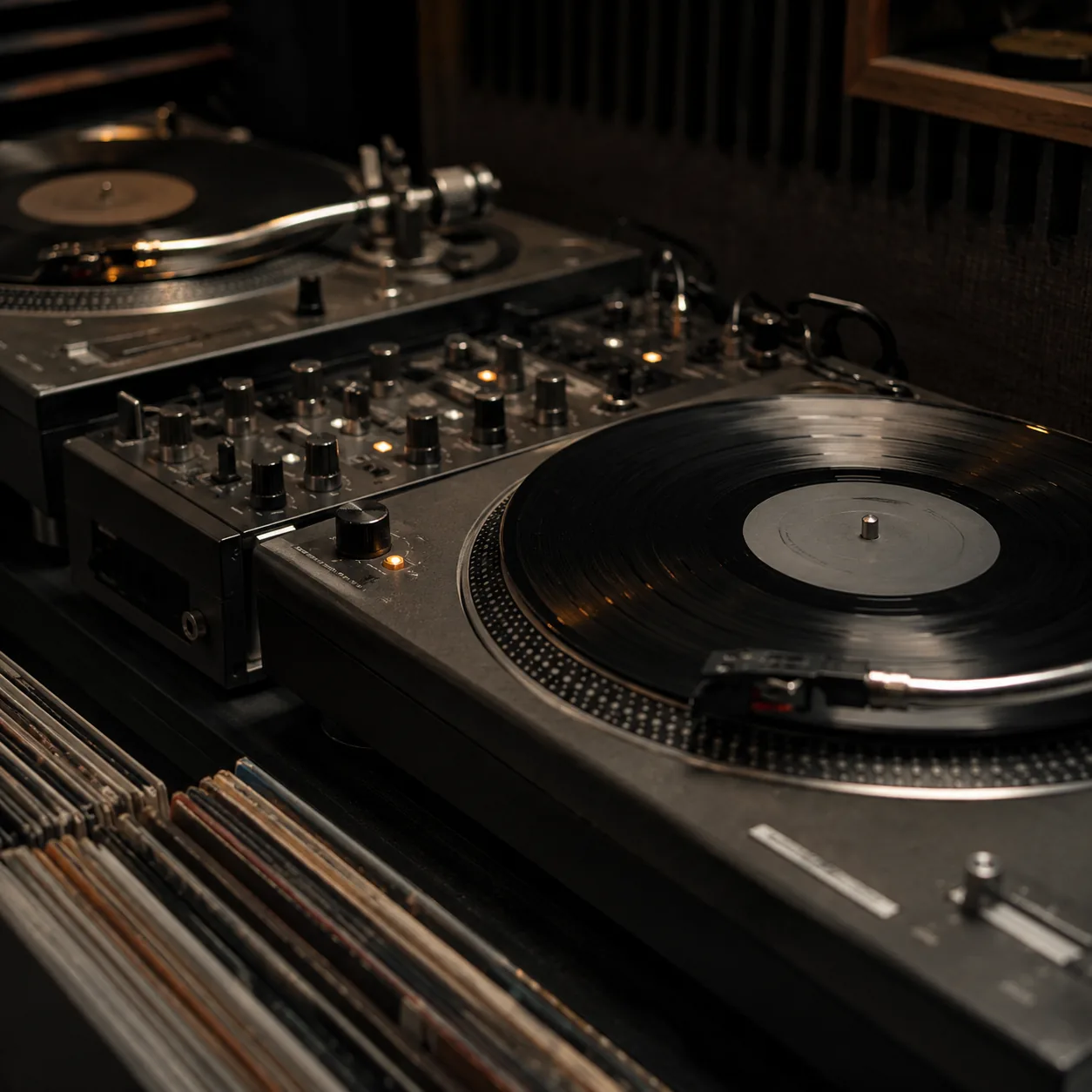 A pair of turntables in the studio