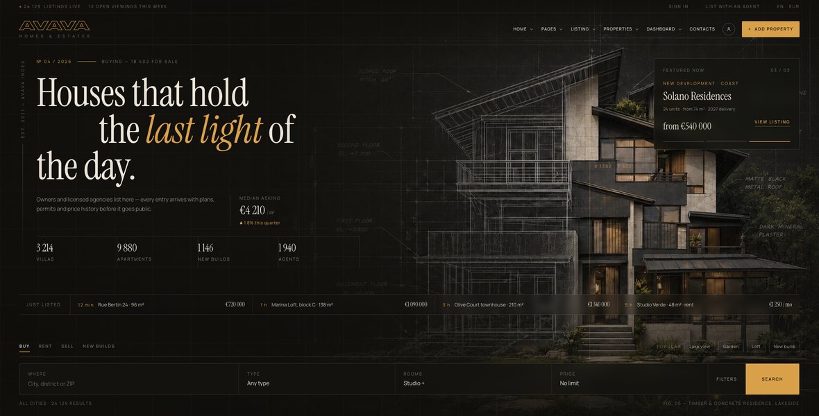 Avava Home Estate template — the dark home page with the drawn timber house