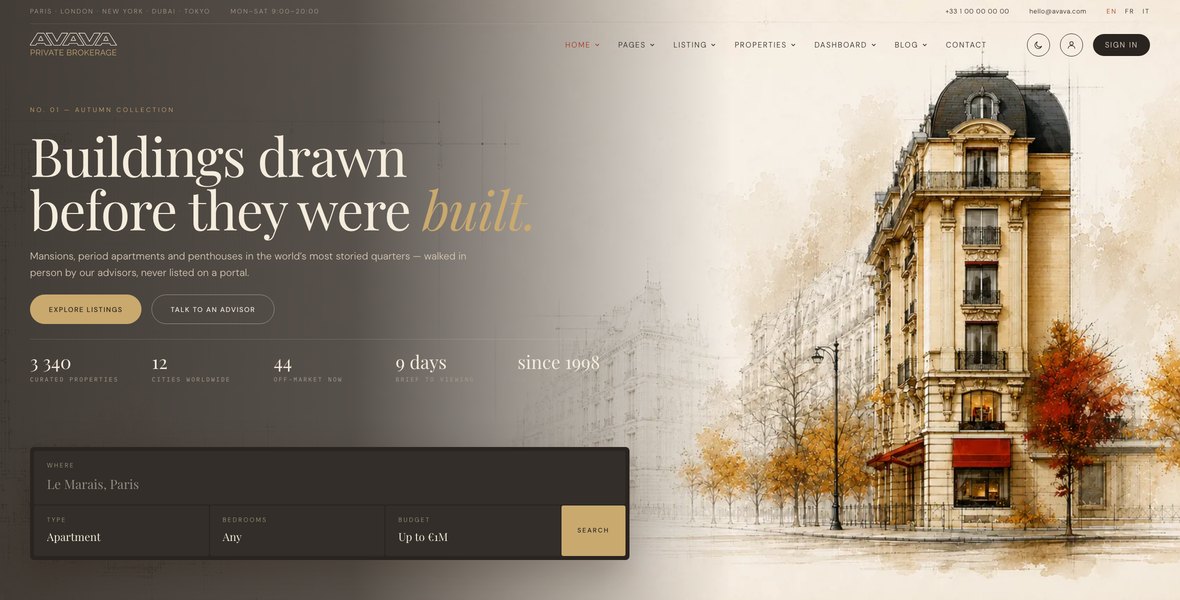 Avava Real Estate template — the home page with the drawn Paris building