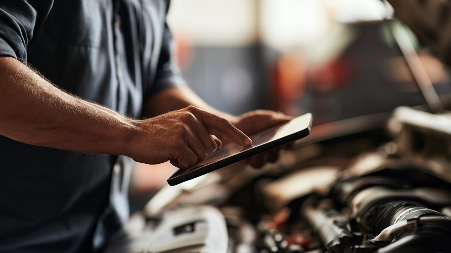 Technician reading an inspection report over a car