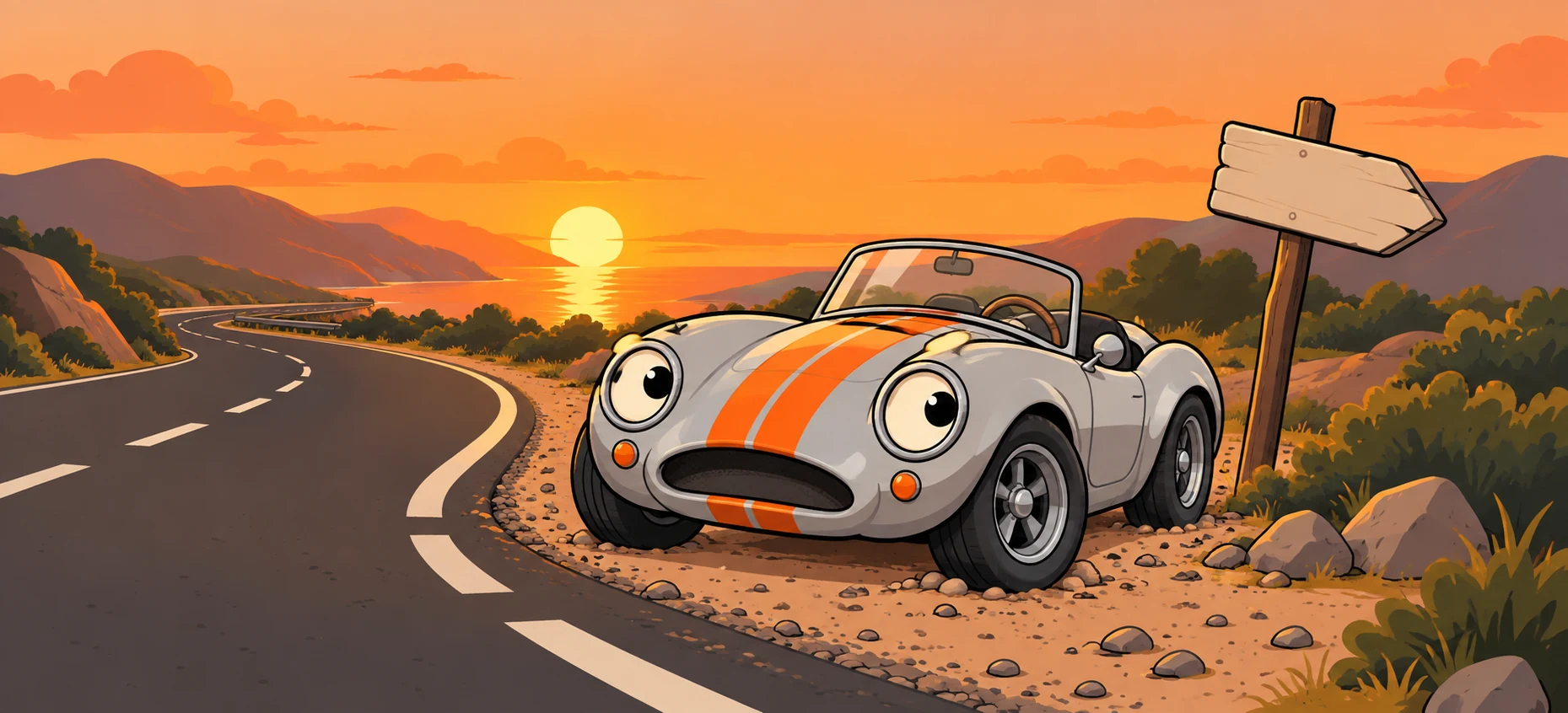 A cartoon roadster that has slid off the road onto the gravel, looking puzzled