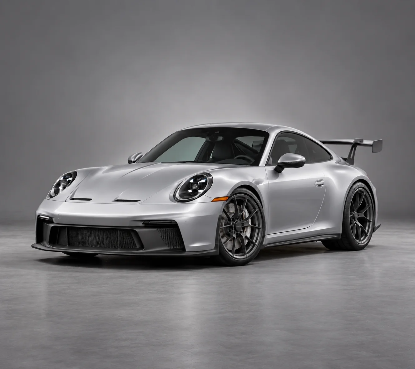Silver Porsche 911 GT3, three-quarter front view in a grey studio