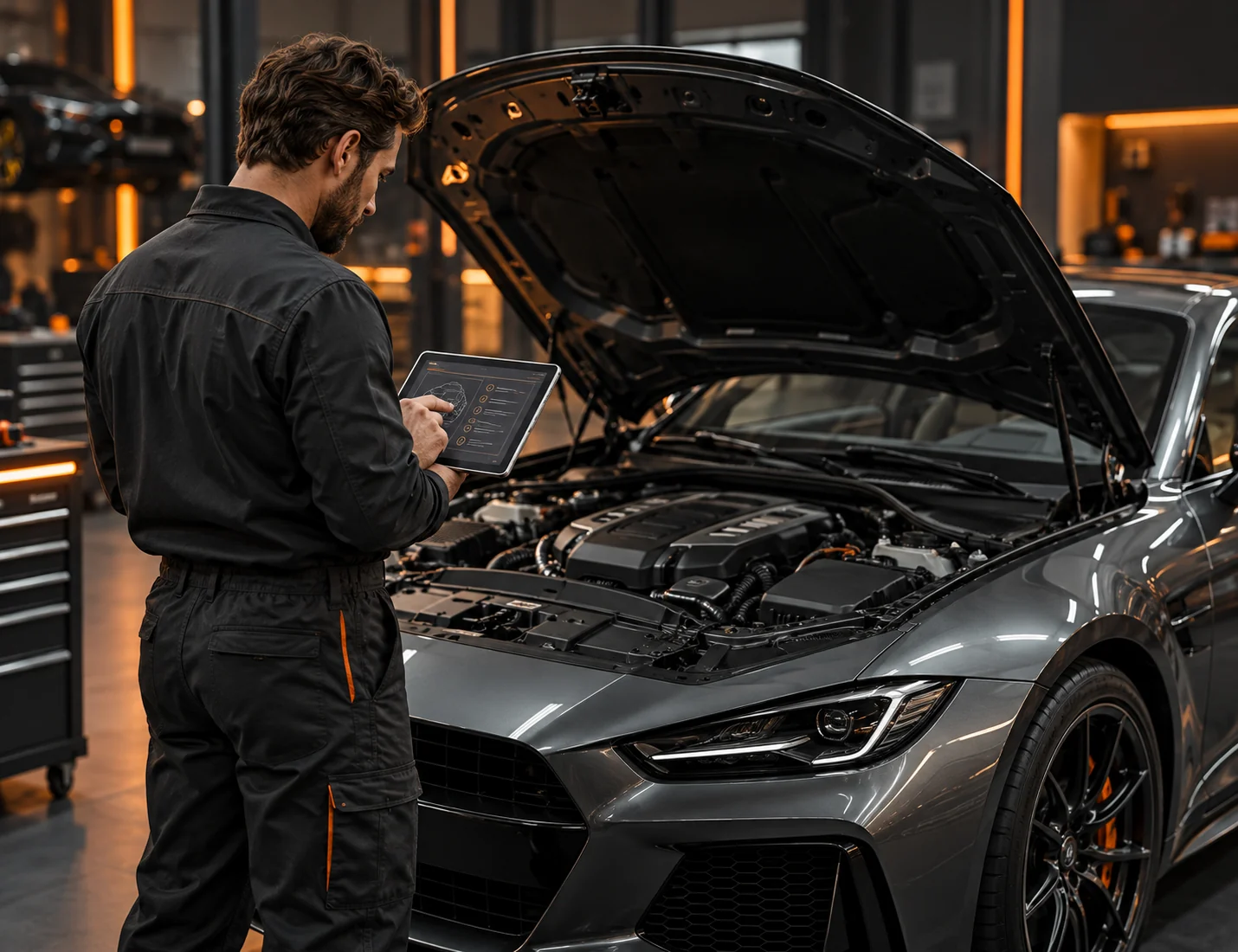 Technician checking a car with a tablet under the open bonnet