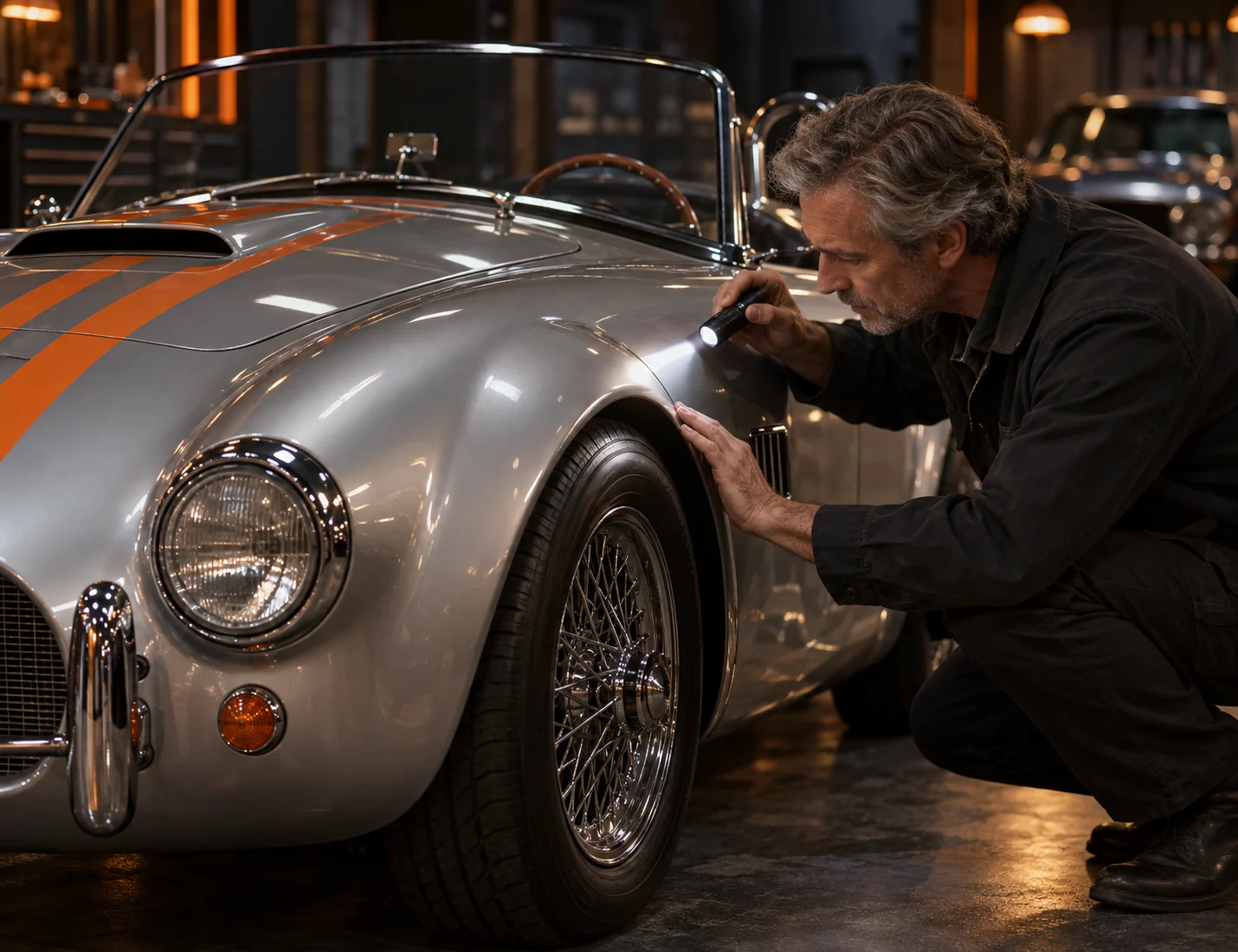 Specialist inspecting the headlight of a classic roadster