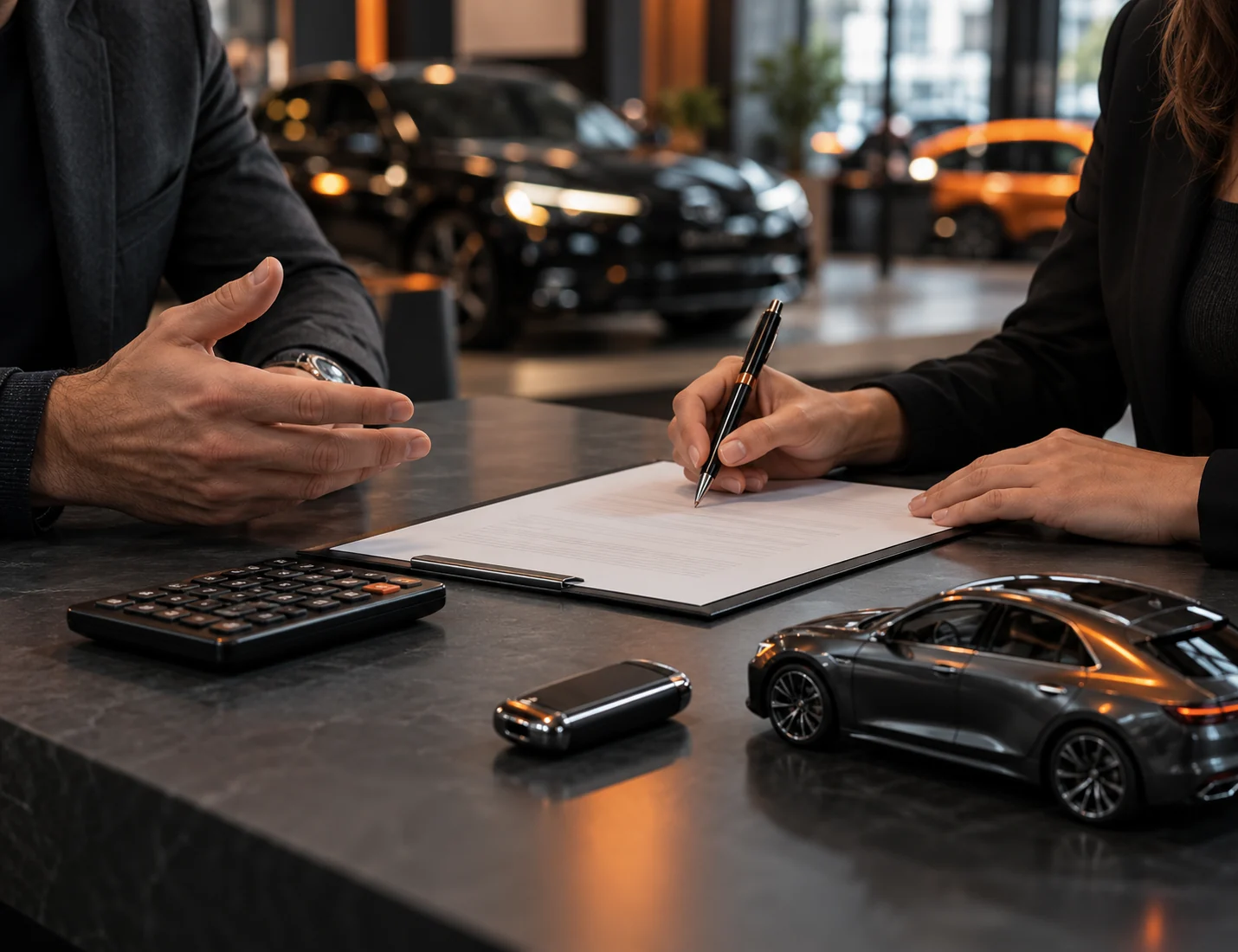 Customer signing a finance agreement at the dealer desk