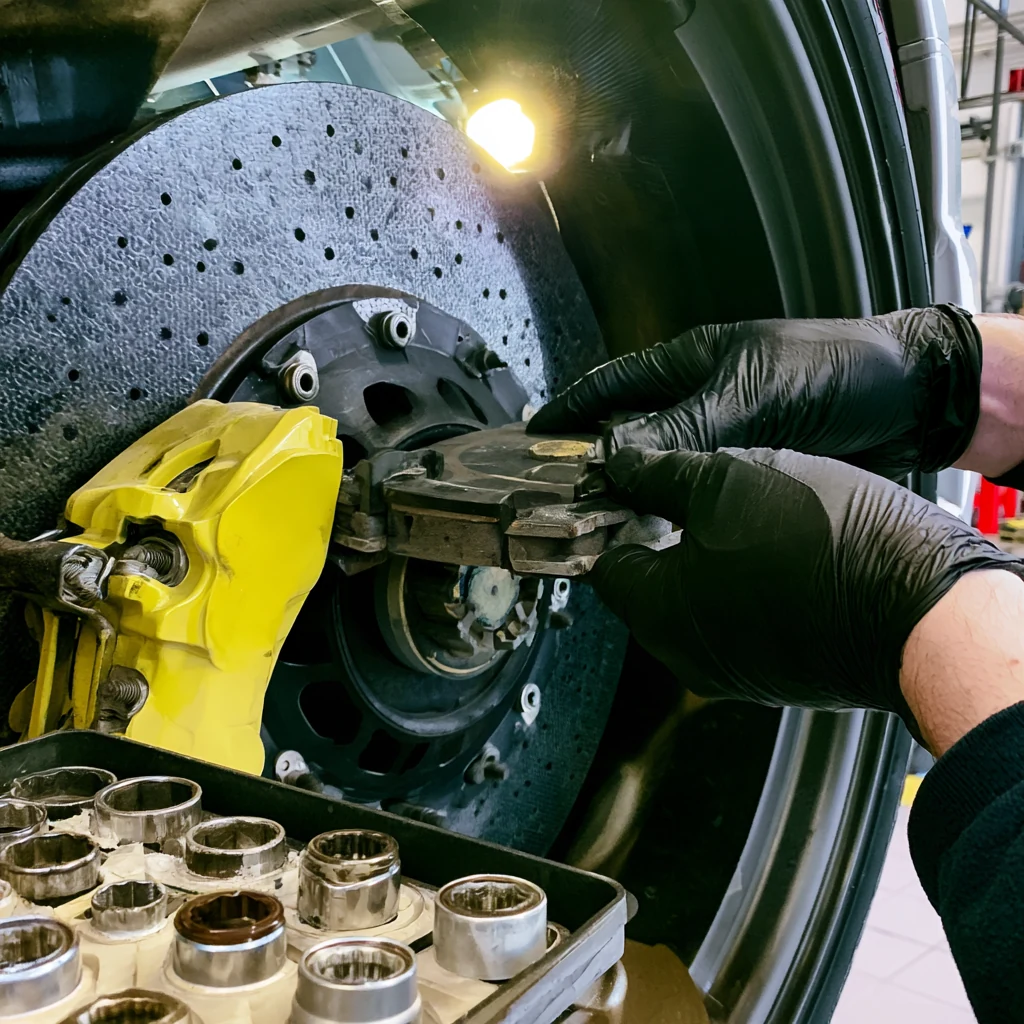Technician fitting a new pad into the yellow caliper — photo by Alex R.