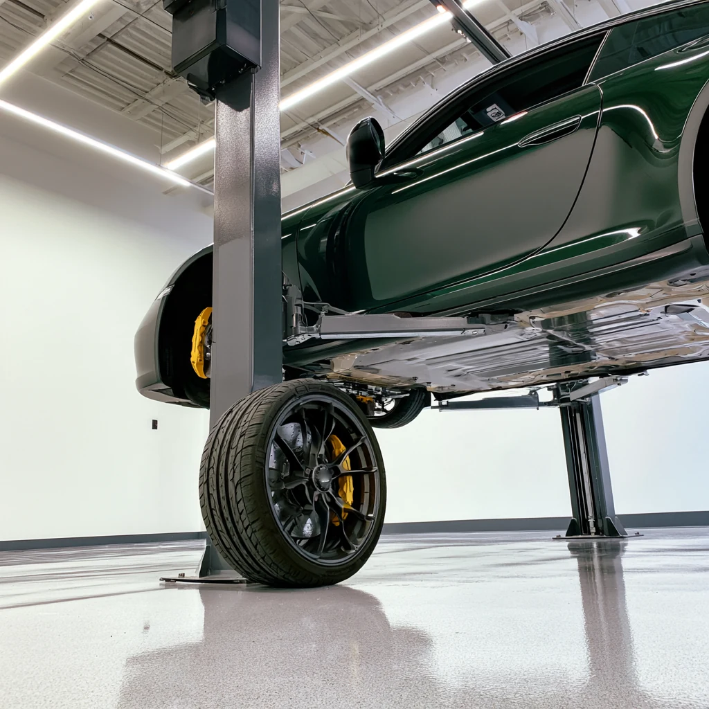 Green coupé on a two-post lift, wheels off — photo by Alex R.