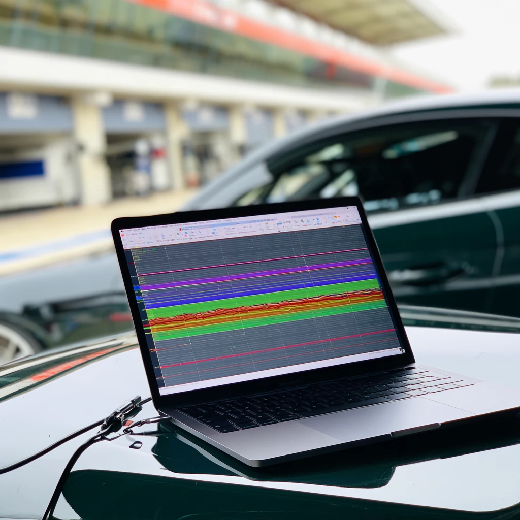 Laptop with lap and brake-temperature data on the bonnet in the pit lane — photo by Dana W.