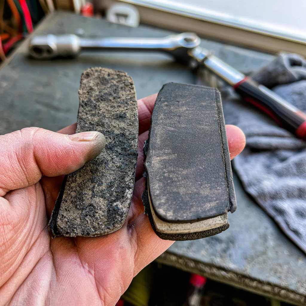 Worn pads in hand after six track sessions, even wear — photo by Dana W.