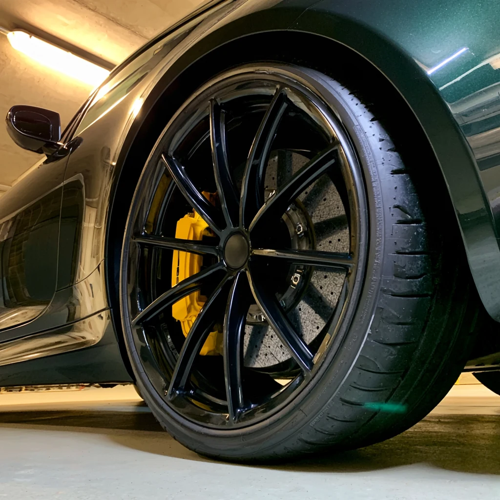 Clean black wheel and yellow caliper in a home garage — photo by Marcus T.