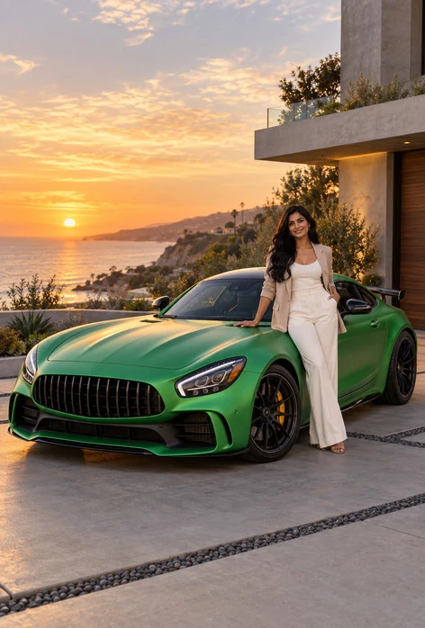 Owner with her green roadster at sunset — photo by Priya N.