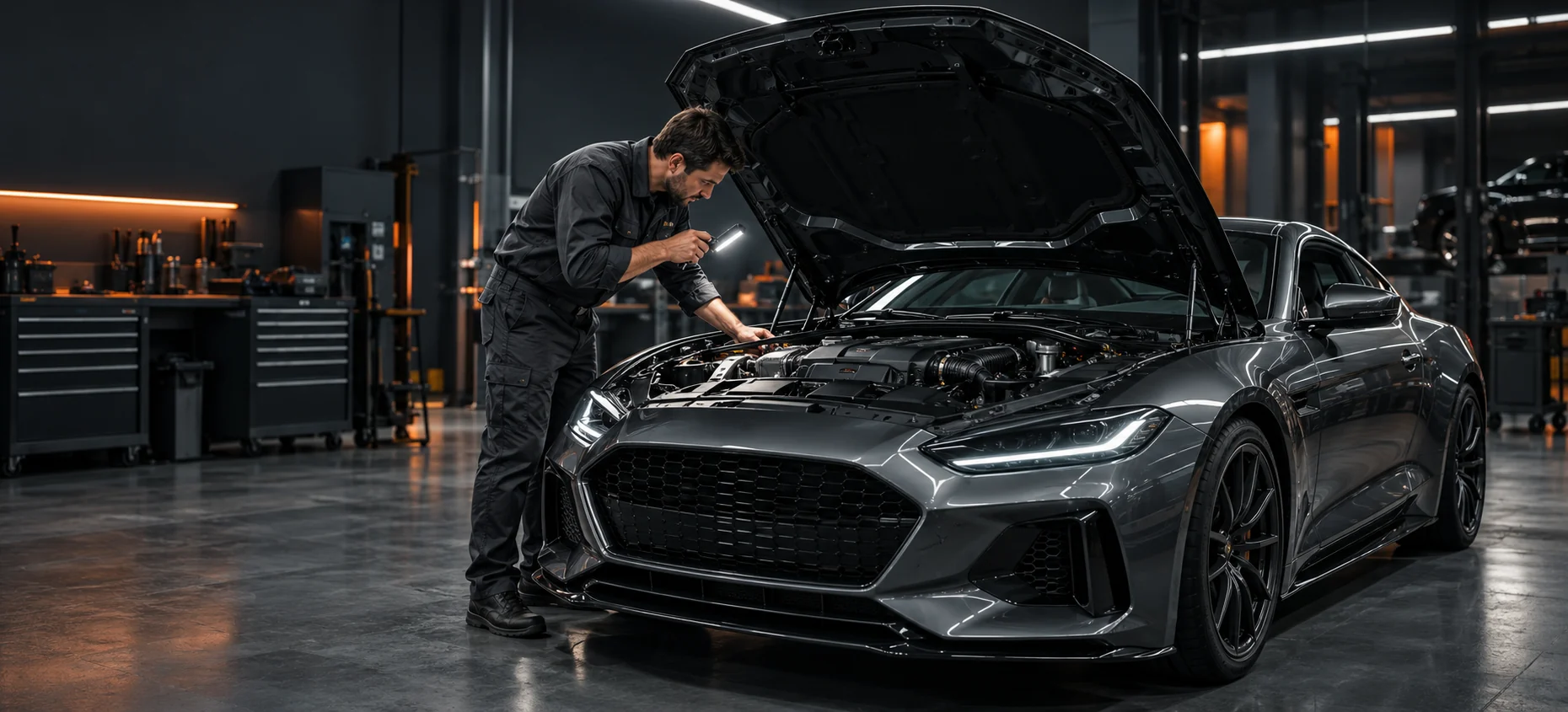 Technician inspecting a car under the bonnet in the Avava workshop