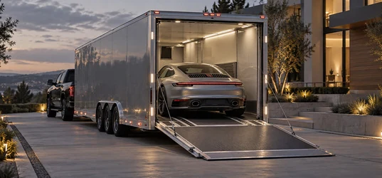 Enclosed car carrier with its ramp down at a driveway at dusk