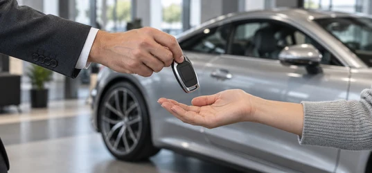A car key handed over to the new owner in the showroom