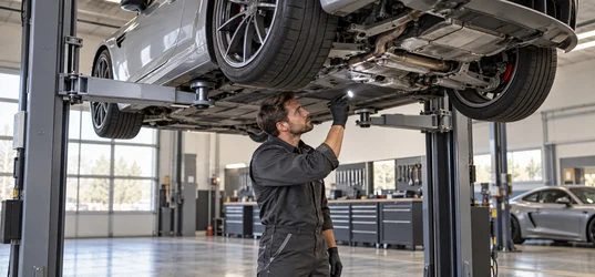 Technician inspecting a car from below on a lift