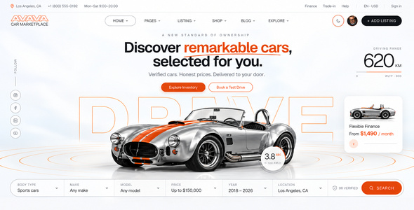 AVAVA Auto Dealer & Marketplace template — the home page with the search bar and the flexible finance card
