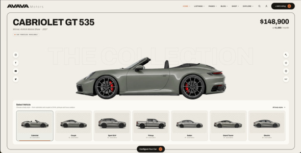 AVAVA Car Dealer template — the vehicle configurator with the collection rail