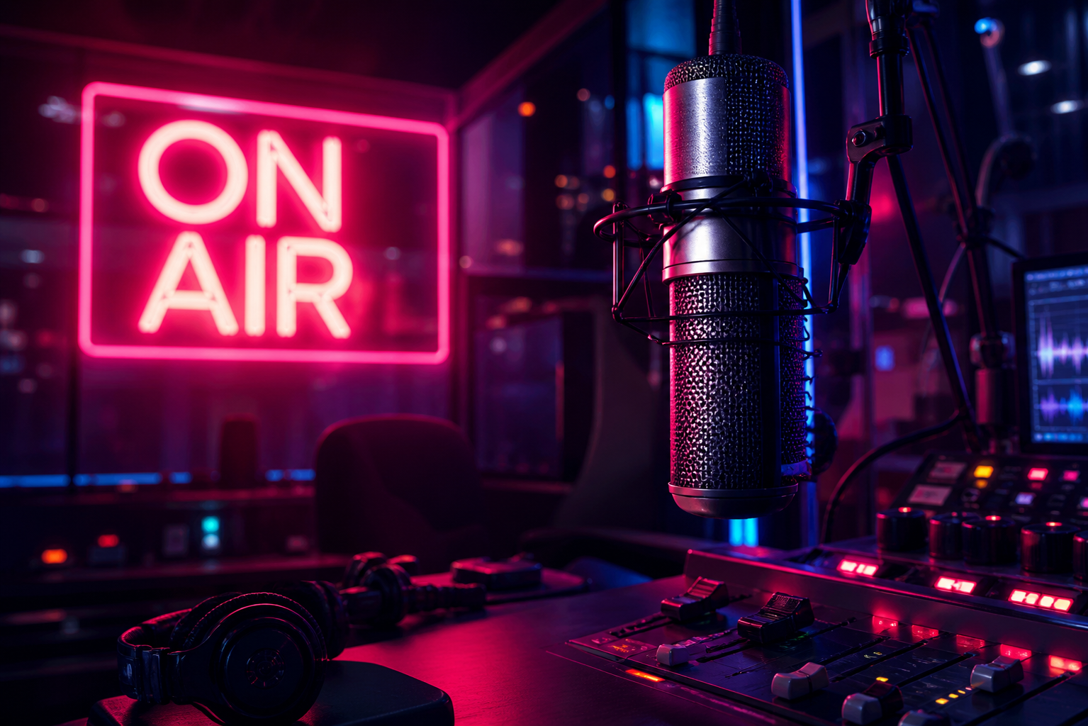 Radio studio with on air sign and microphone