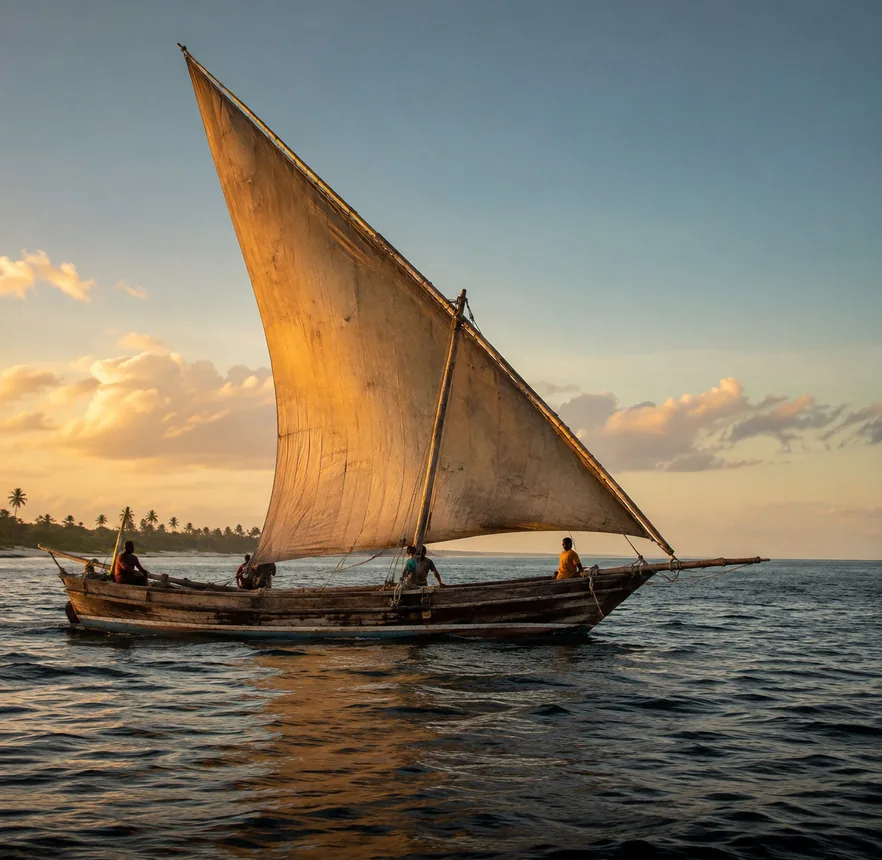 Wooden dhow under sail off Zanzibar