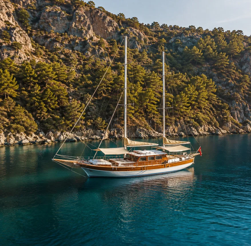 Wooden gulet anchored in a quiet bay