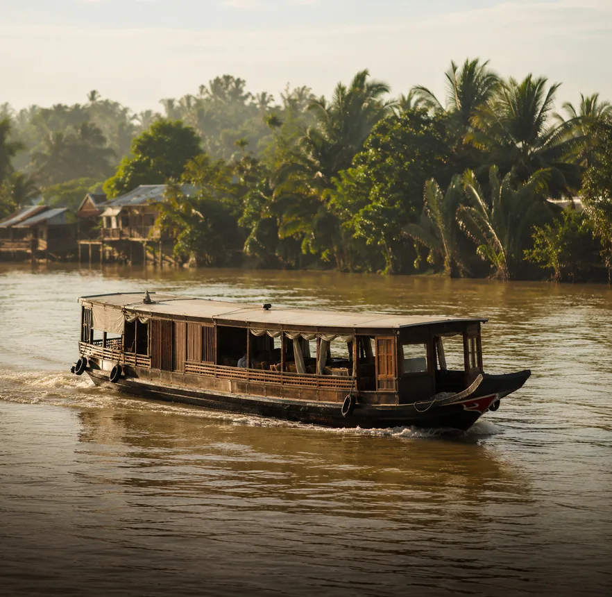 River boat on the Mekong at the edge of a village