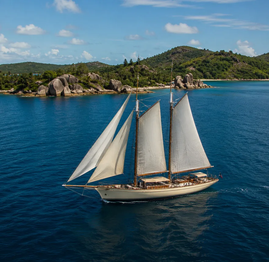 Two-masted schooner anchored in the inner Seychelles