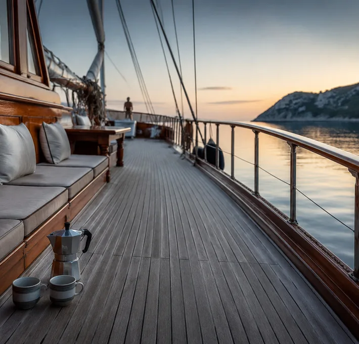 Empty deck at first light with an open horizon