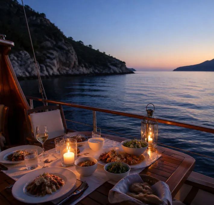 Table set for dinner on deck at dusk