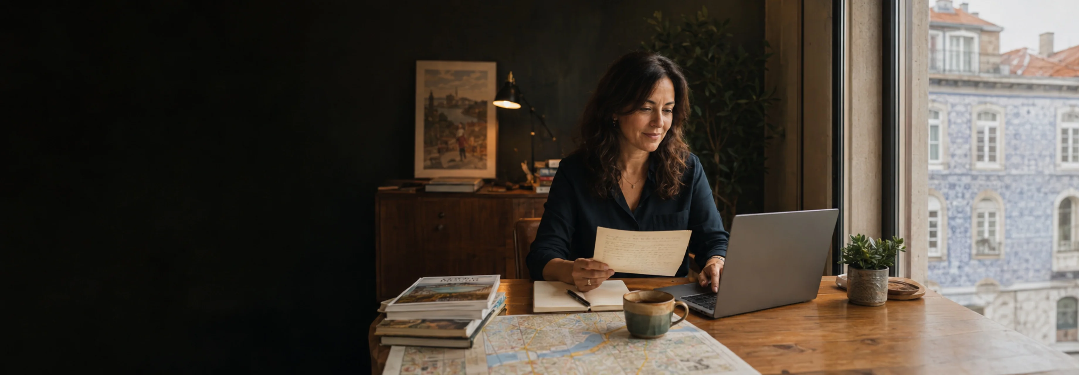 Marta at her desk, mid-conversation