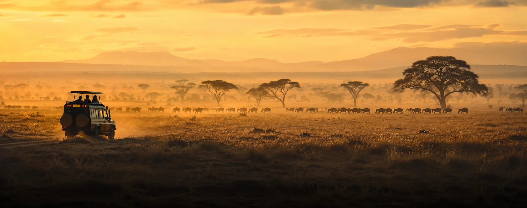 A vehicle at dawn in the dust, Serengeti