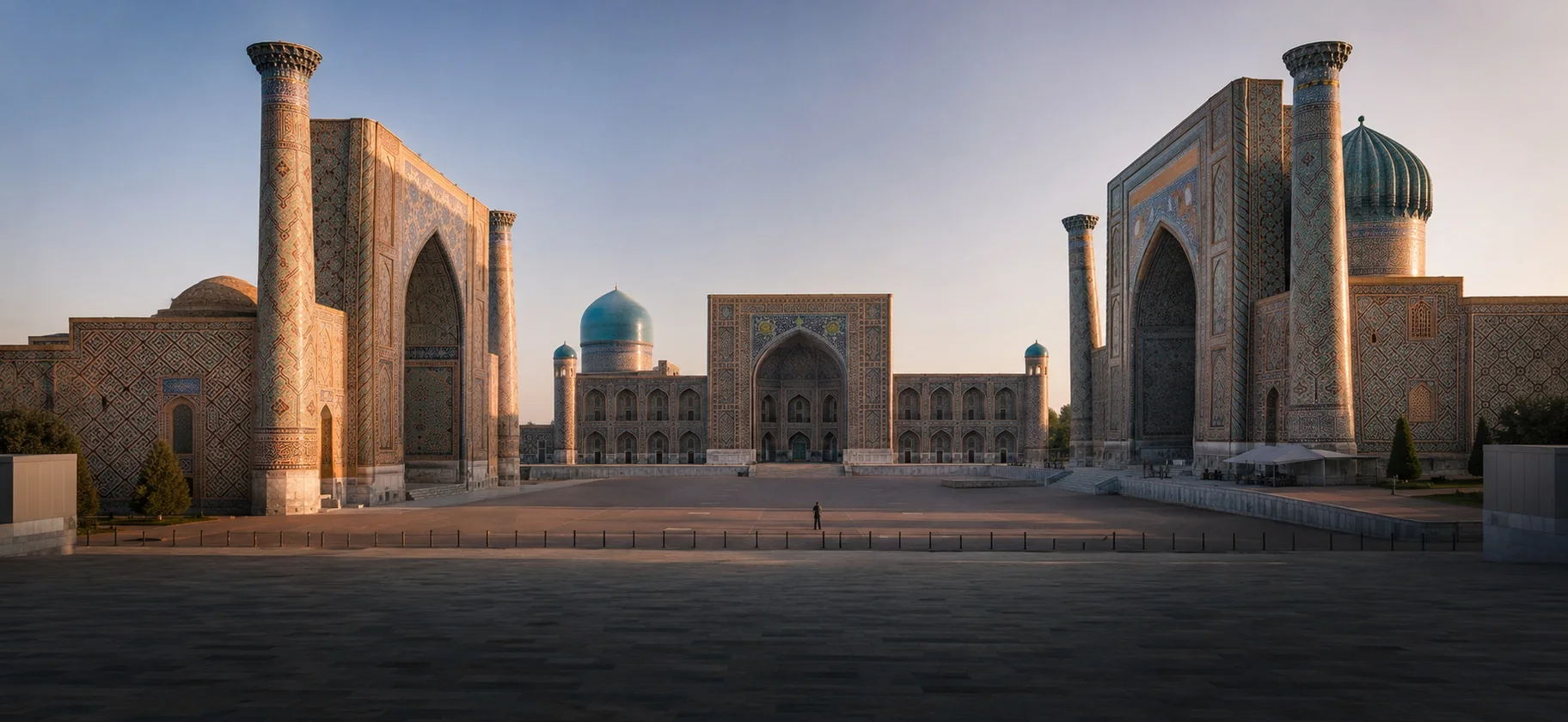 Tilework at low sun across the Registan, Samarkand