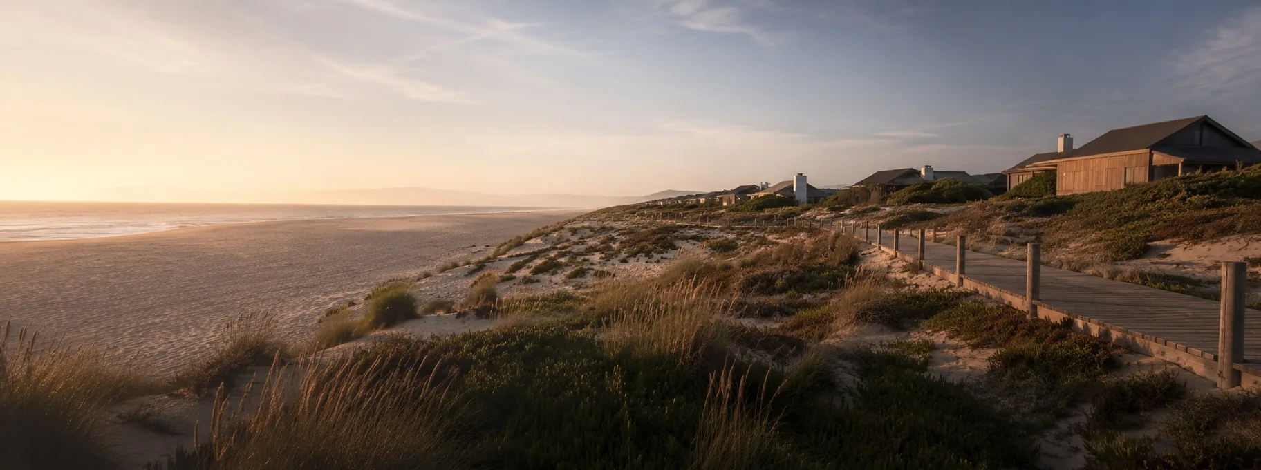 Atlantic dunes and a boardwalk at dusk near Comporta, Portugal