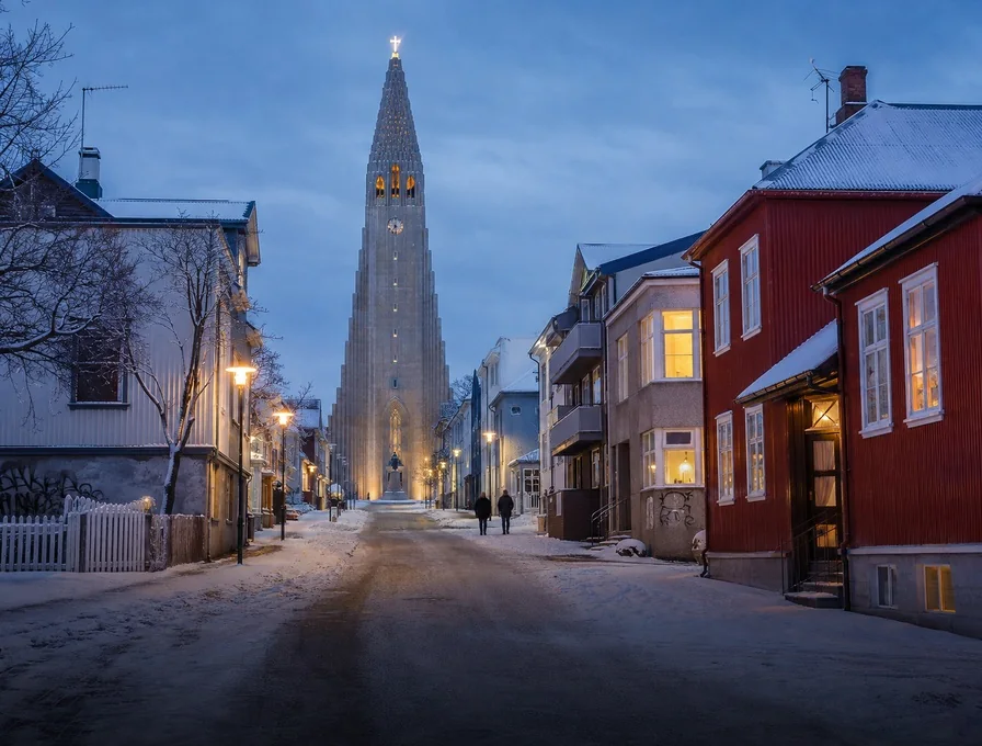A black church in flat snow light, Reykjavík