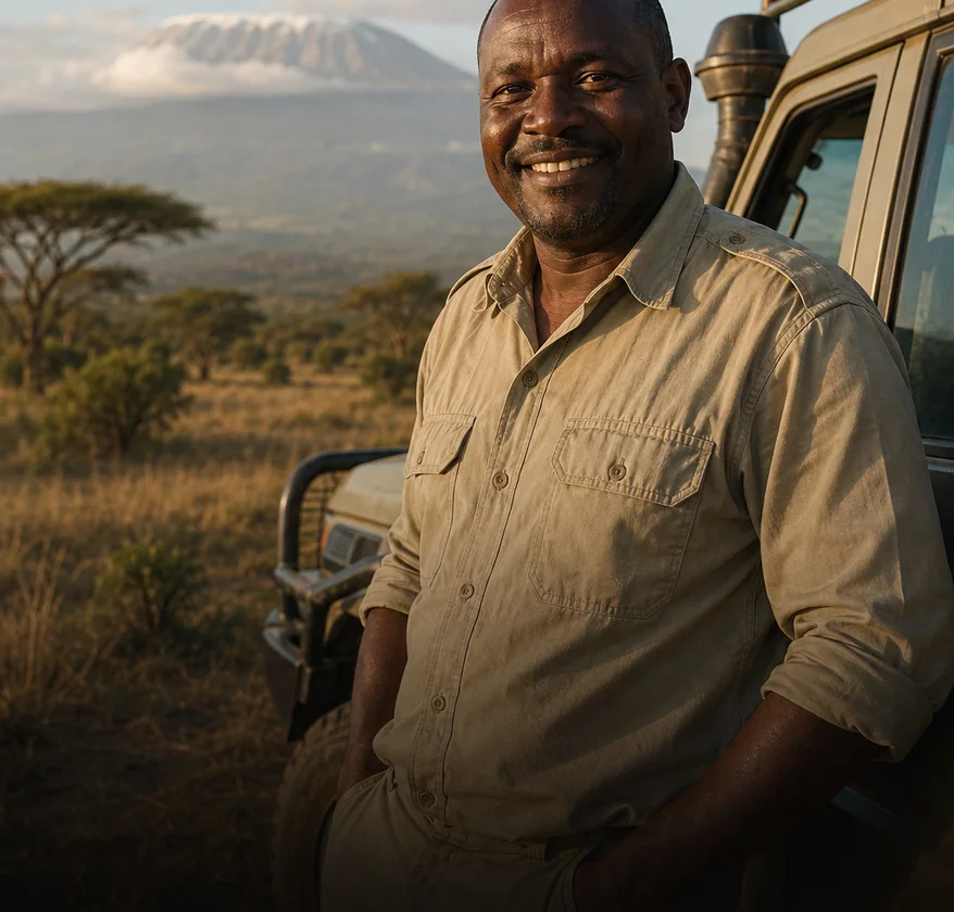 Joseph Mwangi at the vehicle in Arusha