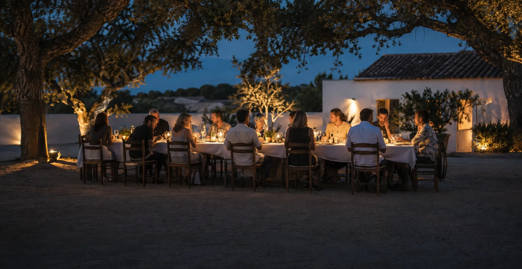 The whole group at one long table in the evening, Portugal