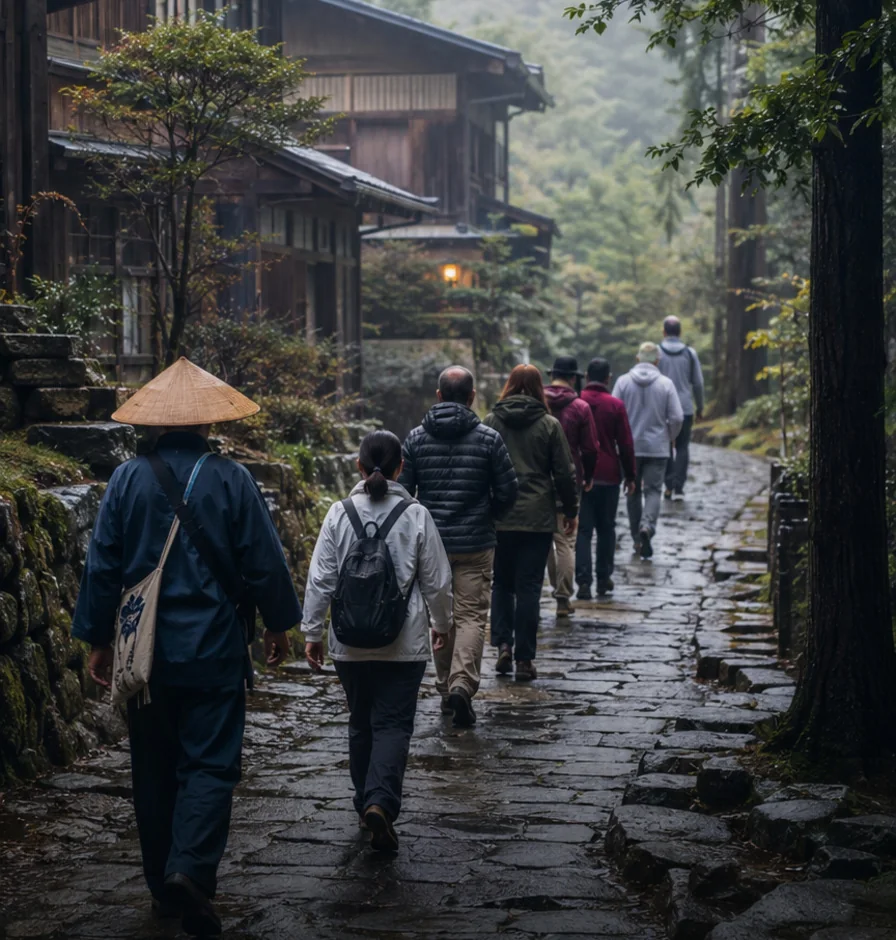 The group walking a valley path in single file, Japan