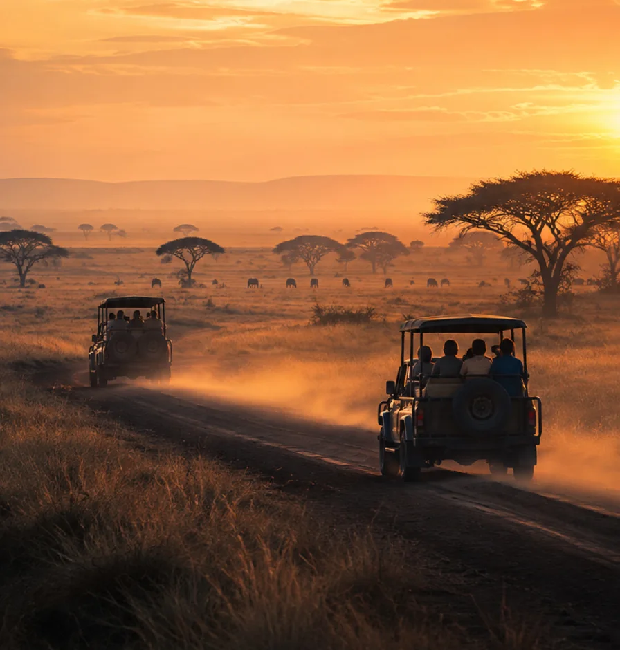 Two vehicles at dawn with their doors open, Tanzania