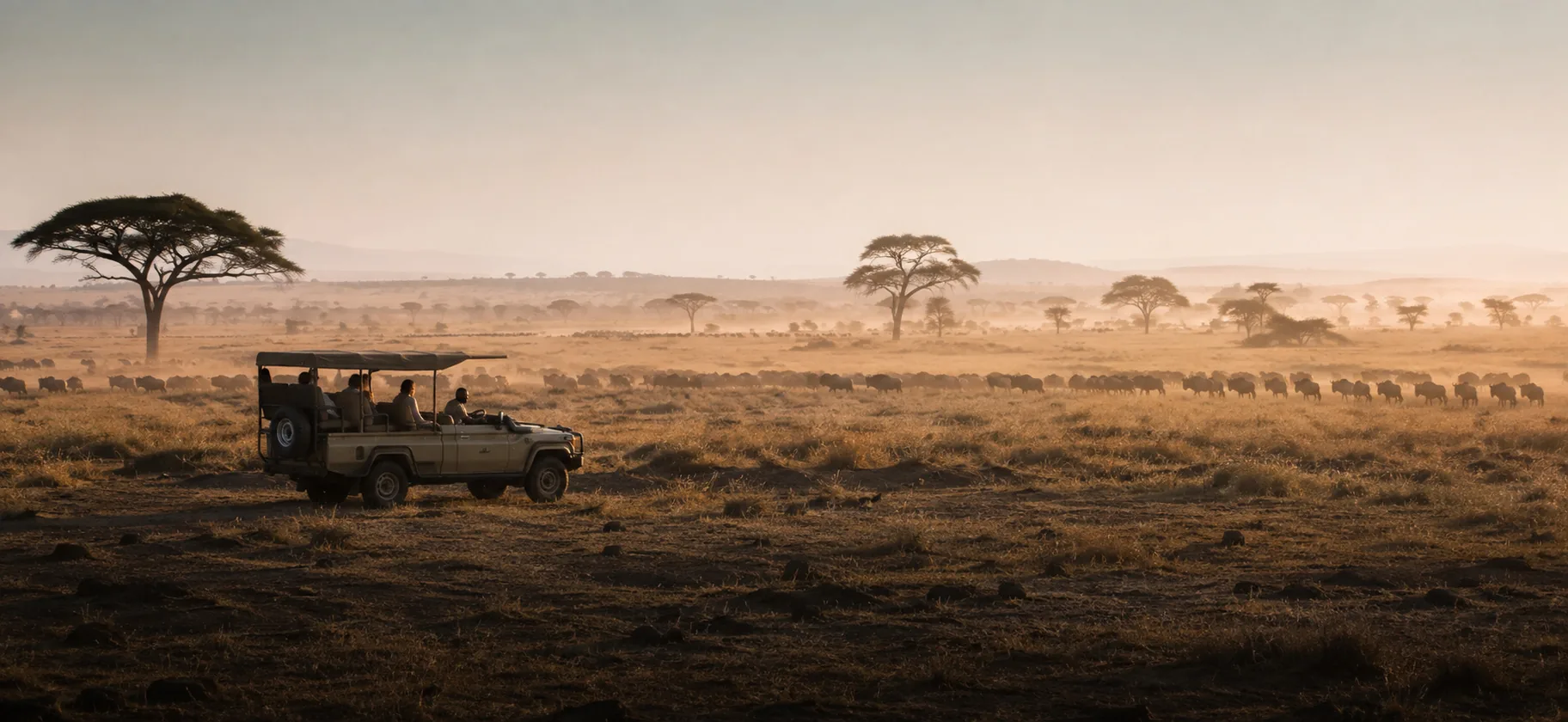 One vehicle on the Serengeti with herds in the distance