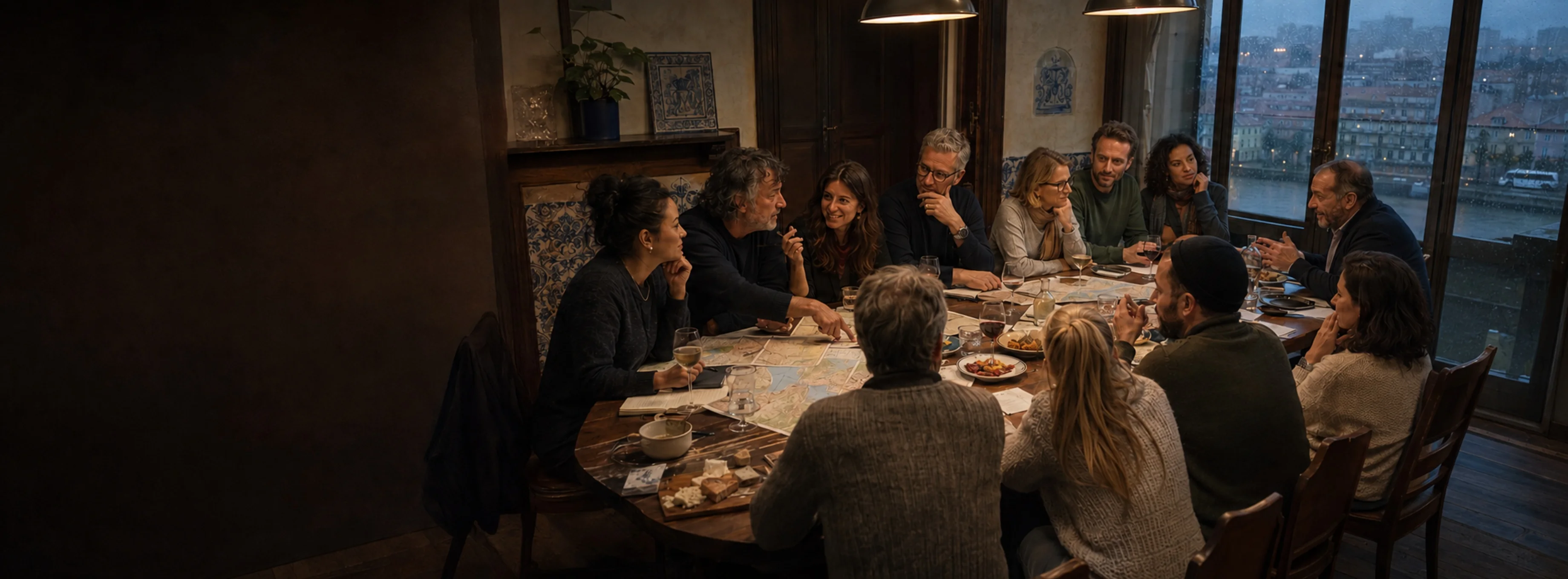 The whole company at one long table in Porto, mid-conversation in evening light