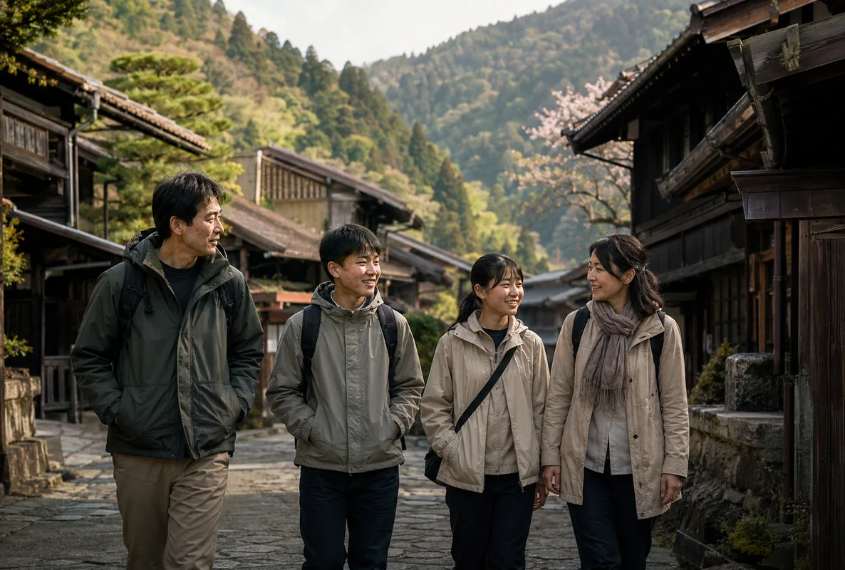 A family of four on a mountain road in Japan